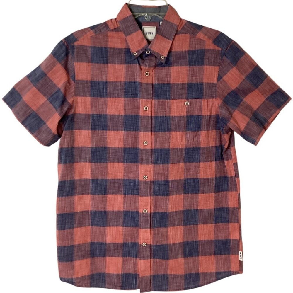 ROWM Red & Blue Plaid Short Sleeve Button-Up Shirt Men's Size Medium 100% Cotton